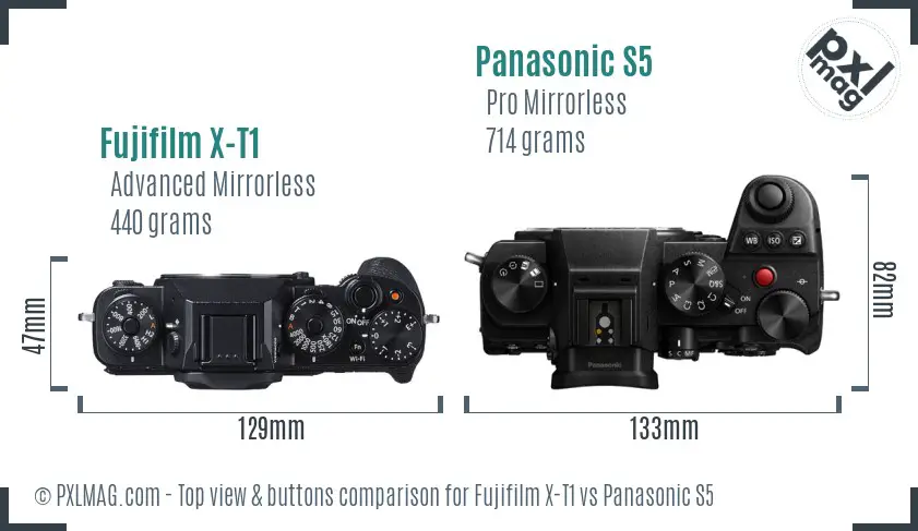 Fujifilm X-T1 vs Panasonic S5 top view buttons comparison