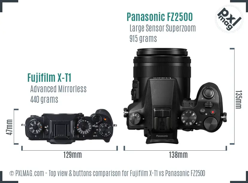 Fujifilm X-T1 vs Panasonic FZ2500 top view buttons comparison