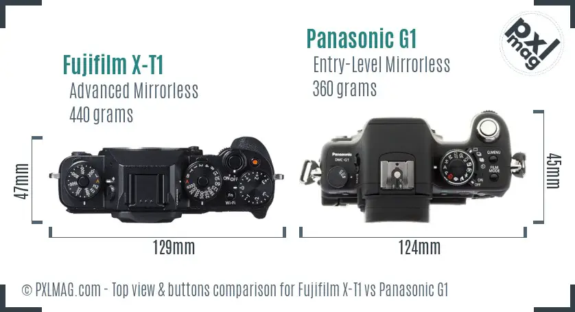 Fujifilm X-T1 vs Panasonic G1 top view buttons comparison