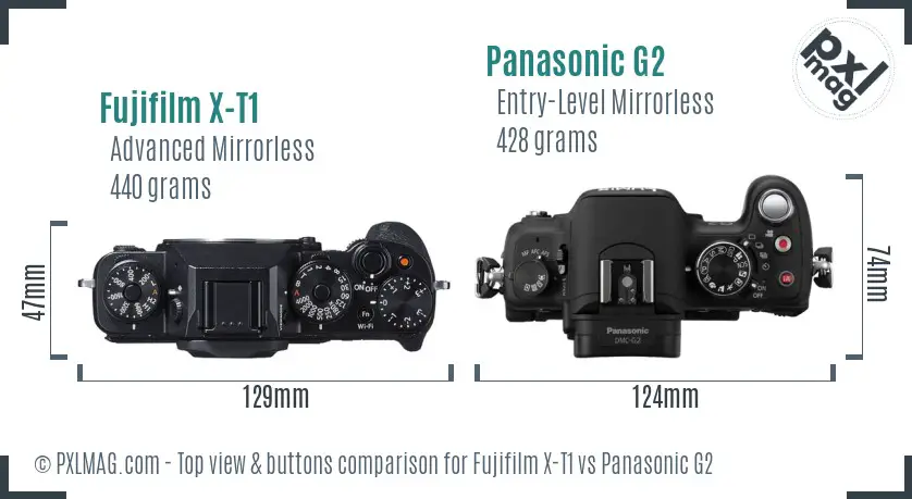 Fujifilm X-T1 vs Panasonic G2 top view buttons comparison Fujifilm X-T1 vs Panasonic G2 top view buttons comparison