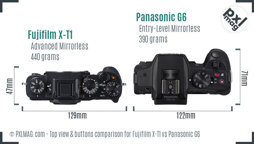 Fujifilm X-T1 vs Panasonic G6 top view buttons comparison Fujifilm X-T1 vs Panasonic G6 top view buttons comparison