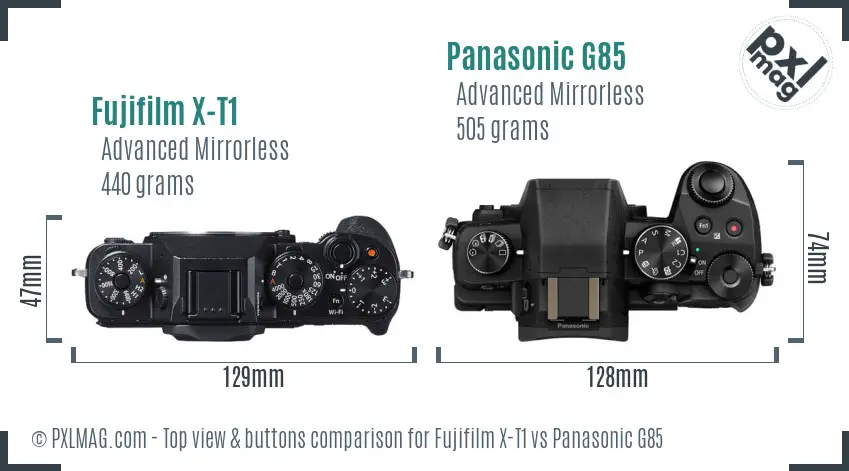 Fujifilm X-T1 vs Panasonic G85 top view buttons comparison