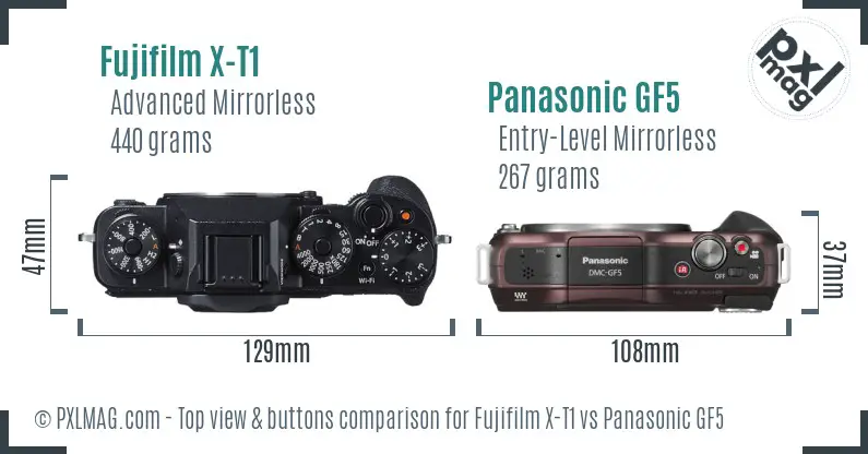 Fujifilm X-T1 vs Panasonic GF5 top view buttons comparison