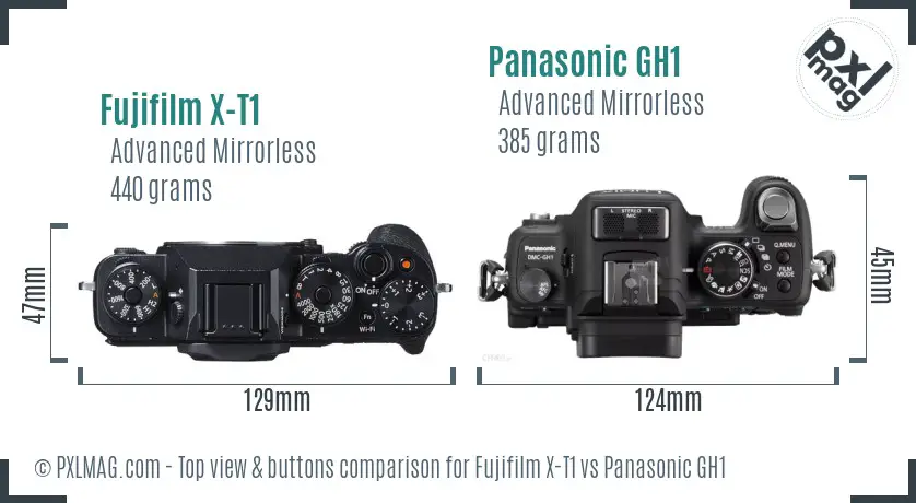 Fujifilm X-T1 vs Panasonic GH1 top view buttons comparison