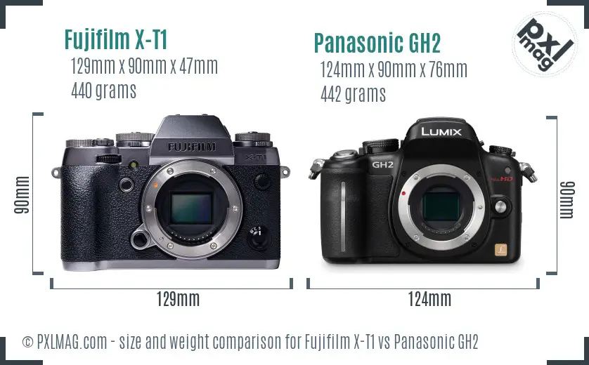 Fujifilm X-T1 vs Panasonic GH2 size comparison