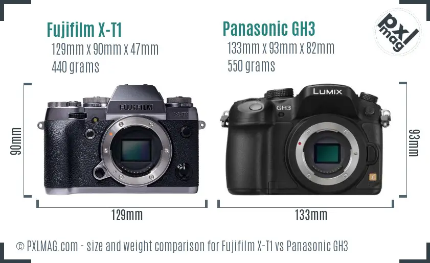 Fujifilm X-T1 vs Panasonic GH3 size comparison