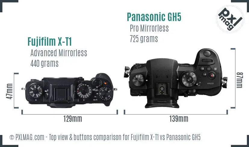 Fujifilm X-T1 vs Panasonic GH5 top view buttons comparison