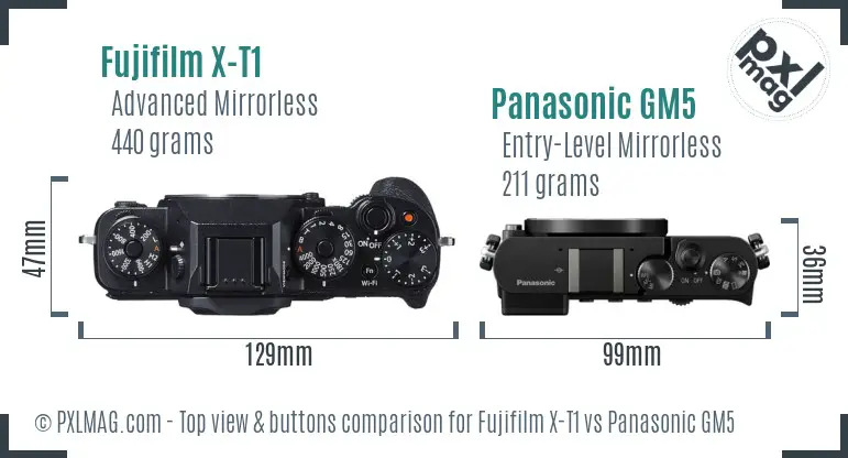 Fujifilm X-T1 vs Panasonic GM5 top view buttons comparison