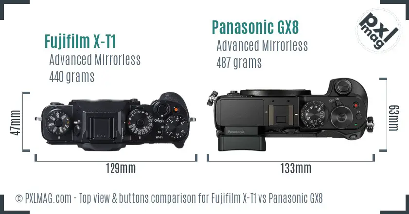 Fujifilm X-T1 vs Panasonic GX8 top view buttons comparison