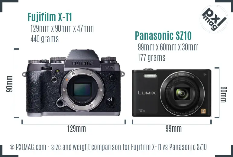 Fujifilm X-T1 vs Panasonic SZ10 size comparison