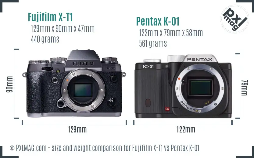 Fujifilm X-T1 vs Pentax K-01 size comparison