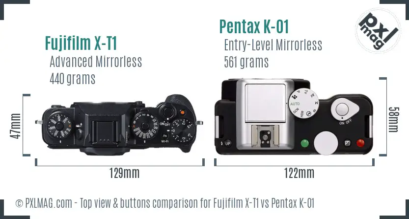 Fujifilm X-T1 vs Pentax K-01 top view buttons comparison