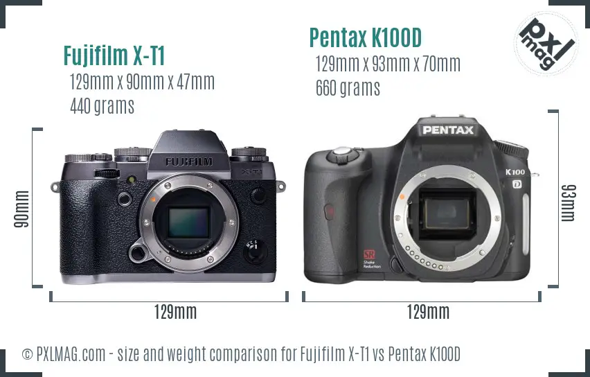 Fujifilm X-T1 vs Pentax K100D size comparison