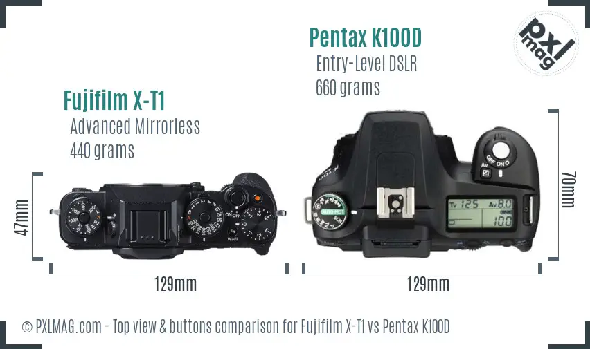 Fujifilm X-T1 vs Pentax K100D top view buttons comparison