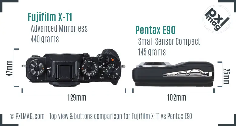 Fujifilm X-T1 vs Pentax E90 top view buttons comparison