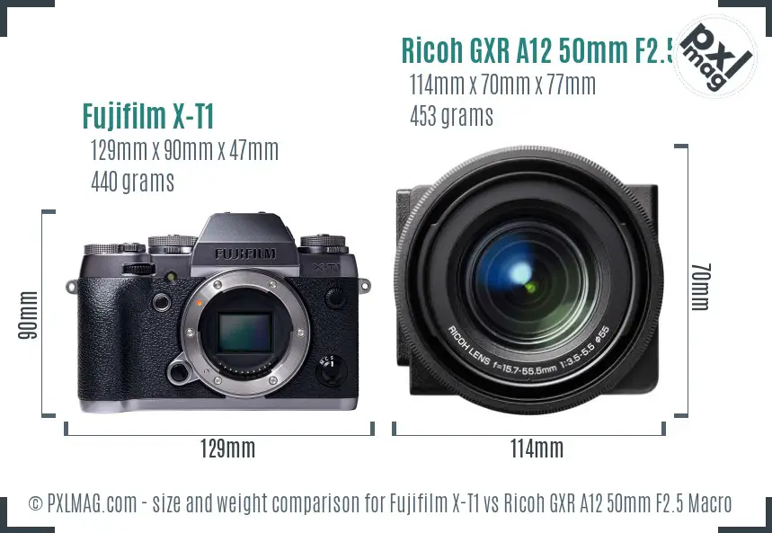 Fujifilm X-T1 vs Ricoh GXR A12 50mm F2.5 Macro size comparison