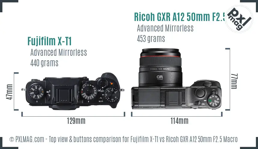Fujifilm X-T1 vs Ricoh GXR A12 50mm F2.5 Macro top view buttons comparison