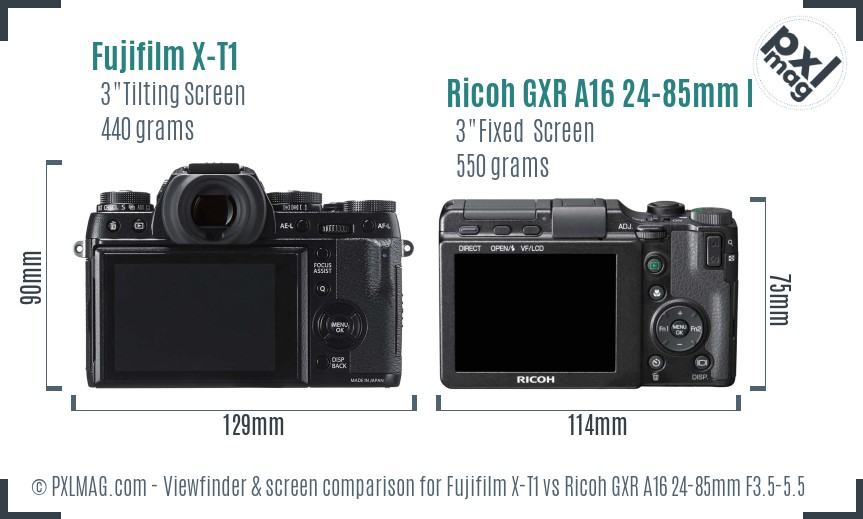 Fujifilm X-T1 vs Ricoh GXR A16 24-85mm F3.5-5.5 Screen and Viewfinder comparison