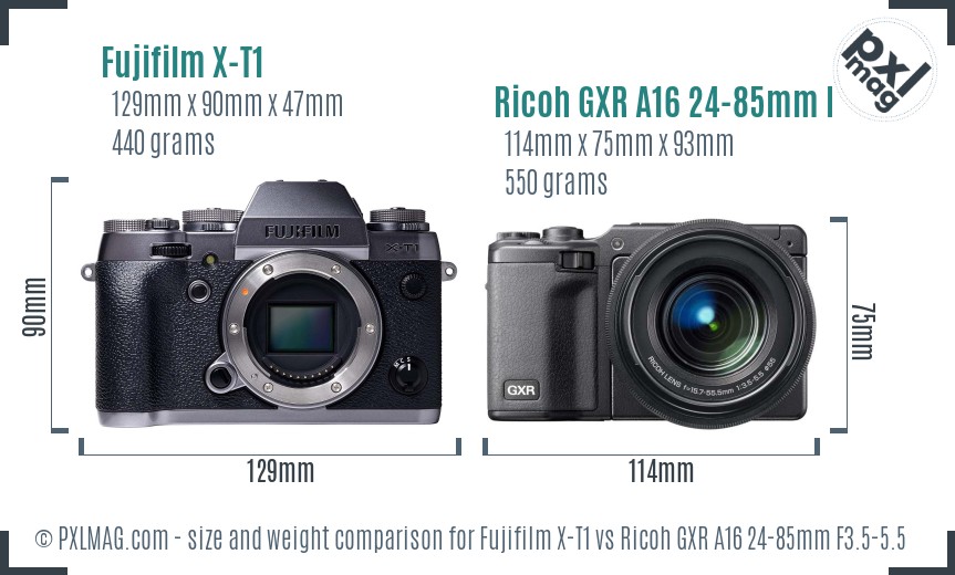 Fujifilm X-T1 vs Ricoh GXR A16 24-85mm F3.5-5.5 size comparison