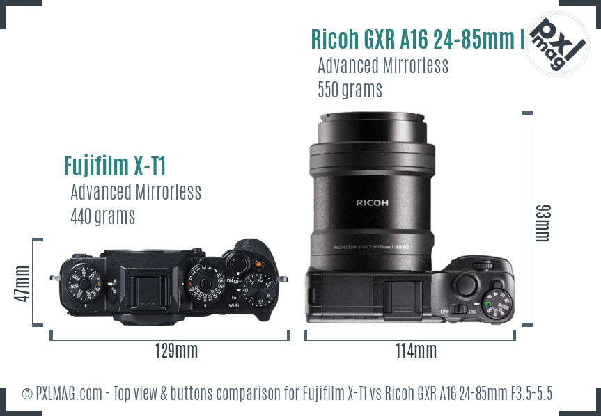 Fujifilm X-T1 vs Ricoh GXR A16 24-85mm F3.5-5.5 top view buttons comparison
