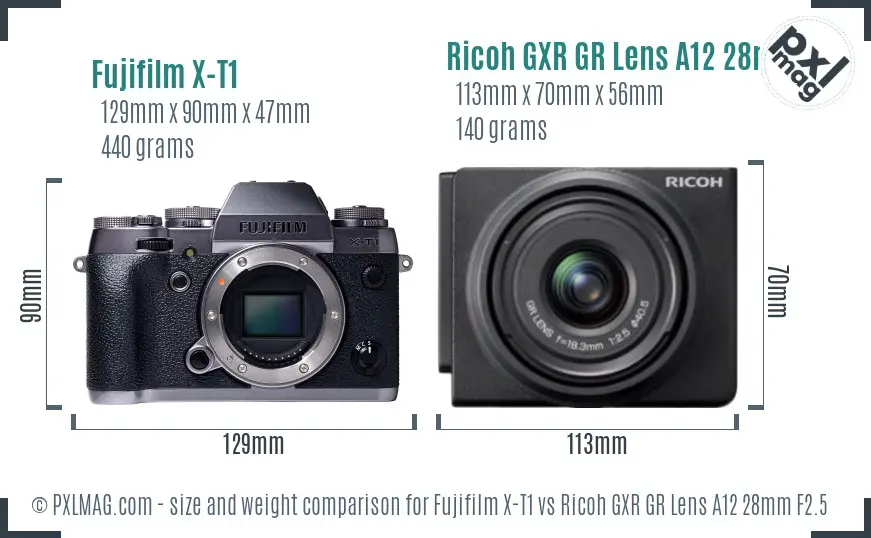 Fujifilm X-T1 vs Ricoh GXR GR Lens A12 28mm F2.5 size comparison