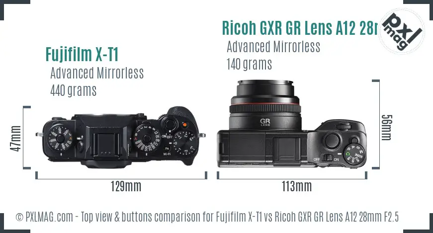 Fujifilm X-T1 vs Ricoh GXR GR Lens A12 28mm F2.5 top view buttons comparison