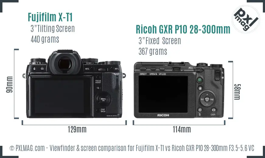 Fujifilm X-T1 vs Ricoh GXR P10 28-300mm F3.5-5.6 VC Screen and Viewfinder comparison