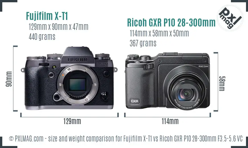 Fujifilm X-T1 vs Ricoh GXR P10 28-300mm F3.5-5.6 VC size comparison