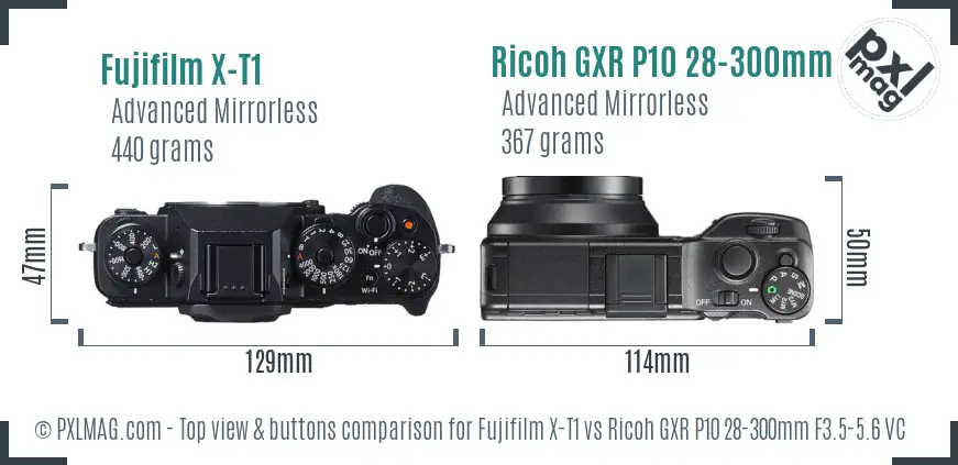 Fujifilm X-T1 vs Ricoh GXR P10 28-300mm F3.5-5.6 VC top view buttons comparison