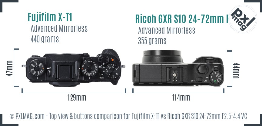 Fujifilm X-T1 vs Ricoh GXR S10 24-72mm F2.5-4.4 VC top view buttons comparison