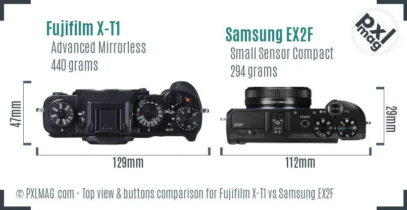 Fujifilm X-T1 vs Samsung EX2F top view buttons comparison