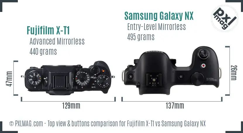 Fujifilm X-T1 vs Samsung Galaxy NX top view buttons comparison