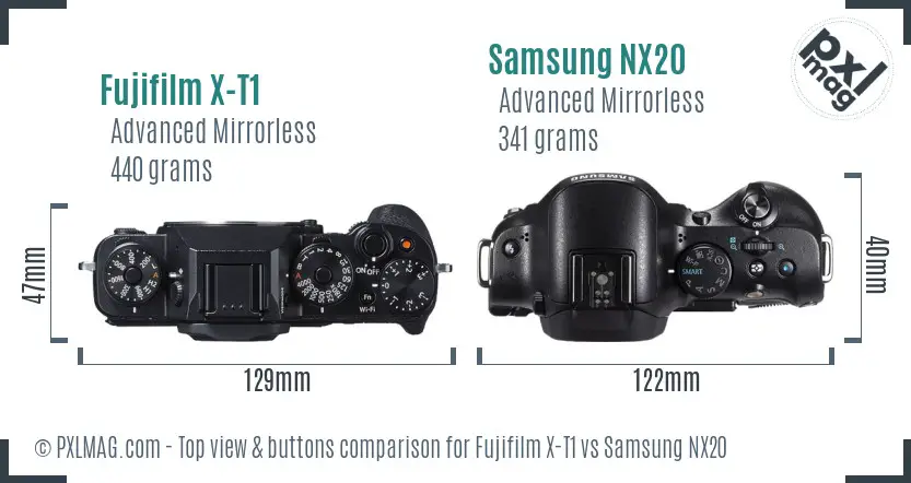 Fujifilm X-T1 vs Samsung NX20 top view buttons comparison