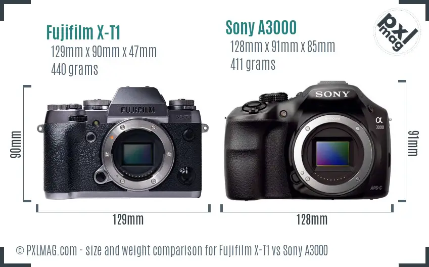 Fujifilm X-T1 vs Sony A3000 size comparison