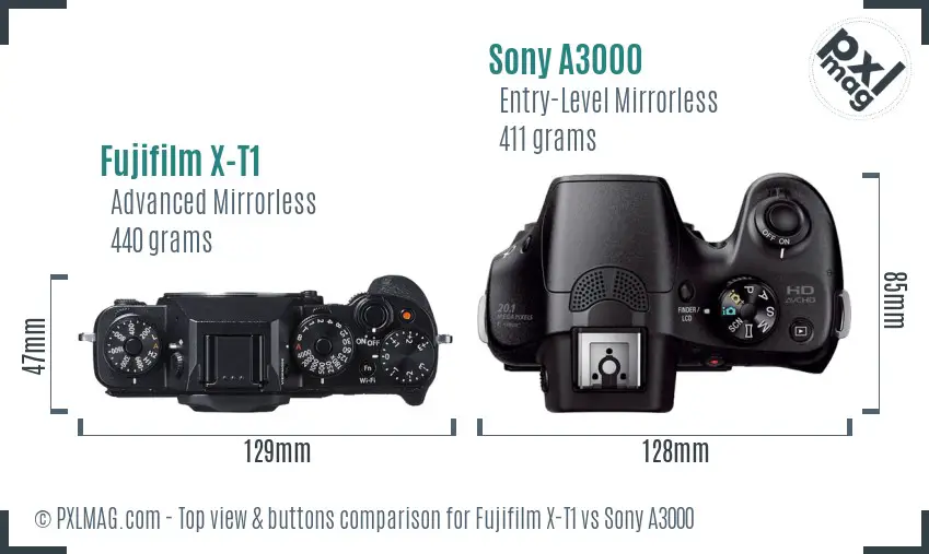 Fujifilm X-T1 vs Sony A3000 top view buttons comparison