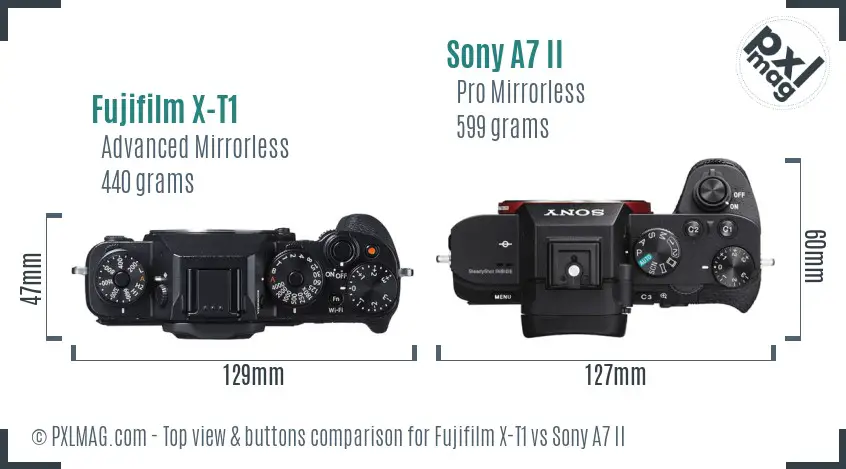 Fujifilm X-T1 vs Sony A7 II top view buttons comparison