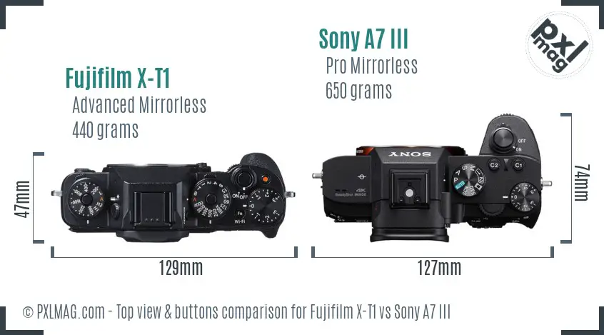 Fujifilm X-T1 vs Sony A7 III top view buttons comparison