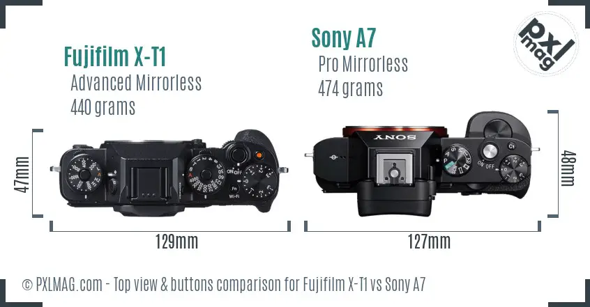 Fujifilm X-T1 vs Sony A7 top view buttons comparison