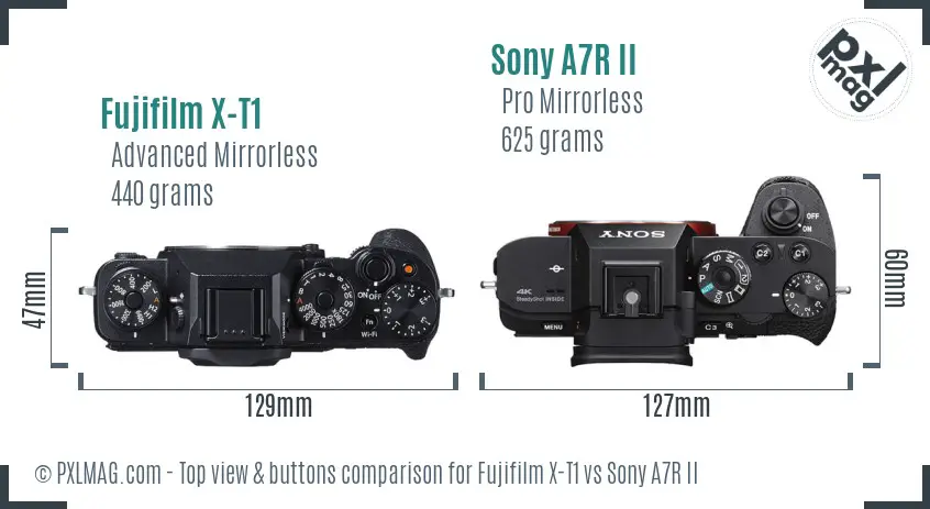 Fujifilm X-T1 vs Sony A7R II top view buttons comparison