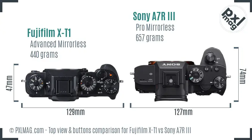 Fujifilm X-T1 vs Sony A7R III top view buttons comparison