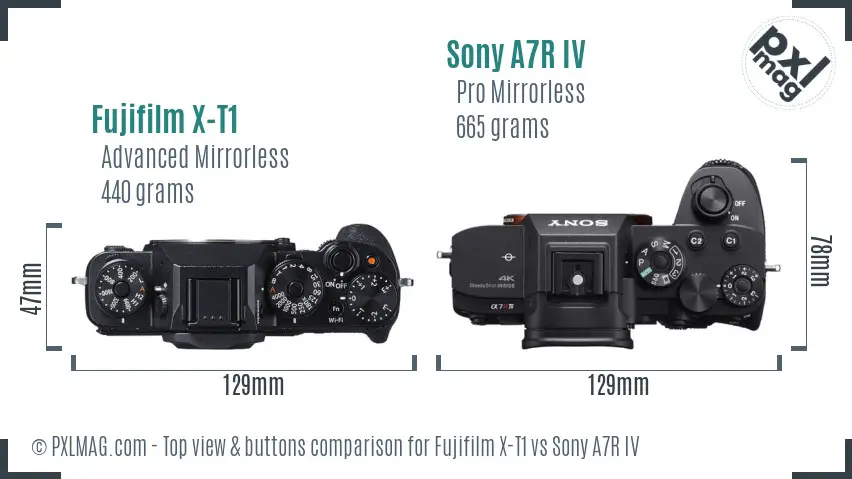 Fujifilm X-T1 vs Sony A7R IV top view buttons comparison