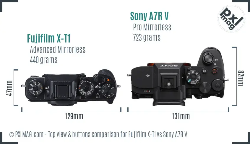 Fujifilm X-T1 vs Sony A7R V top view buttons comparison