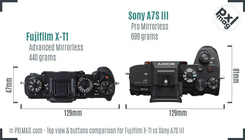 Fujifilm X-T1 vs Sony A7S III top view buttons comparison