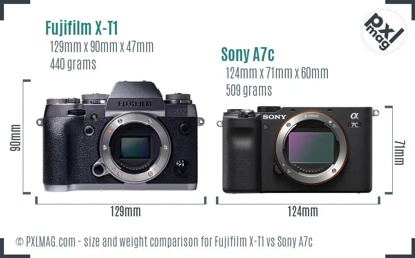Fujifilm X-T1 vs Sony A7c size comparison