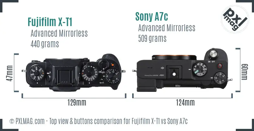 Fujifilm X-T1 vs Sony A7c top view buttons comparison