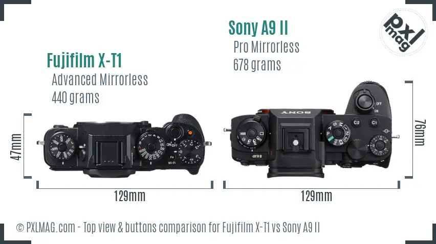 Fujifilm X-T1 vs Sony A9 II top view buttons comparison