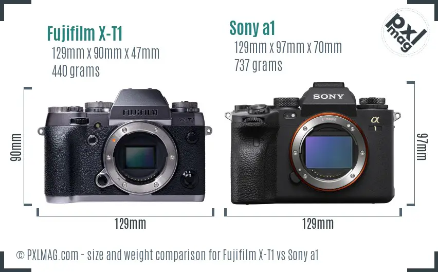 Fujifilm X-T1 vs Sony a1 size comparison