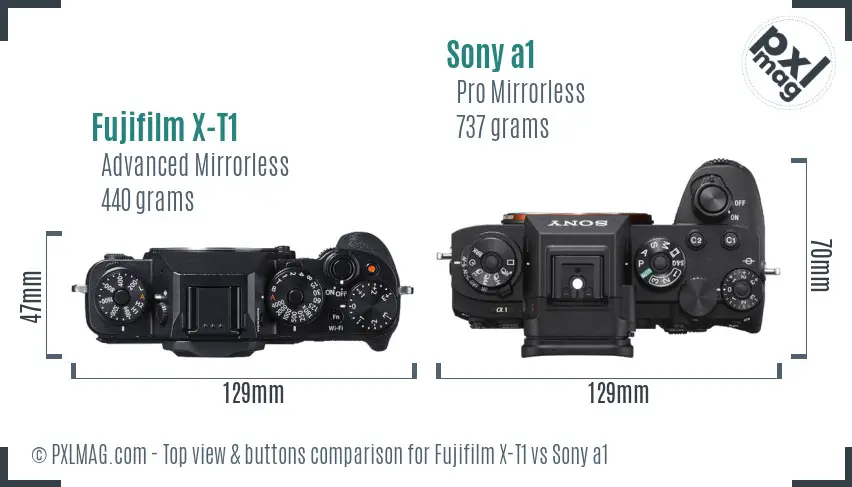 Fujifilm X-T1 vs Sony a1 top view buttons comparison