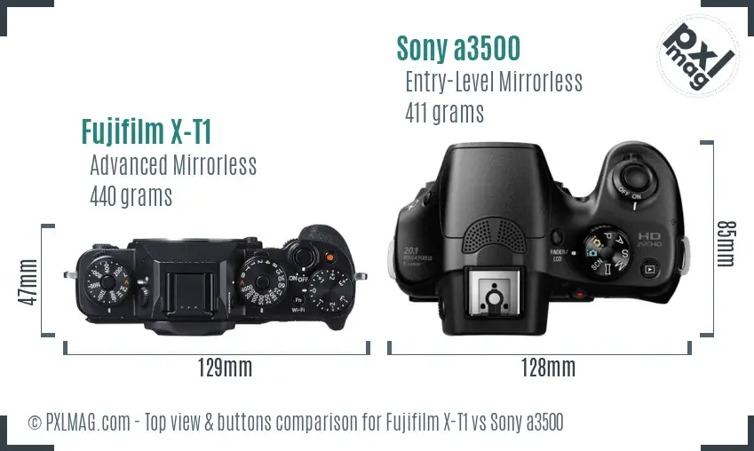 Fujifilm X-T1 vs Sony a3500 top view buttons comparison Fujifilm X-T1 vs Sony a3500 top view buttons comparison