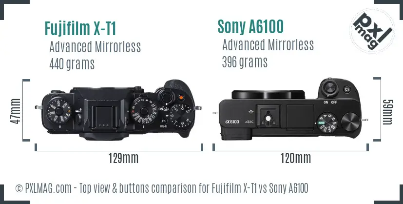 Fujifilm X-T1 vs Sony A6100 top view buttons comparison